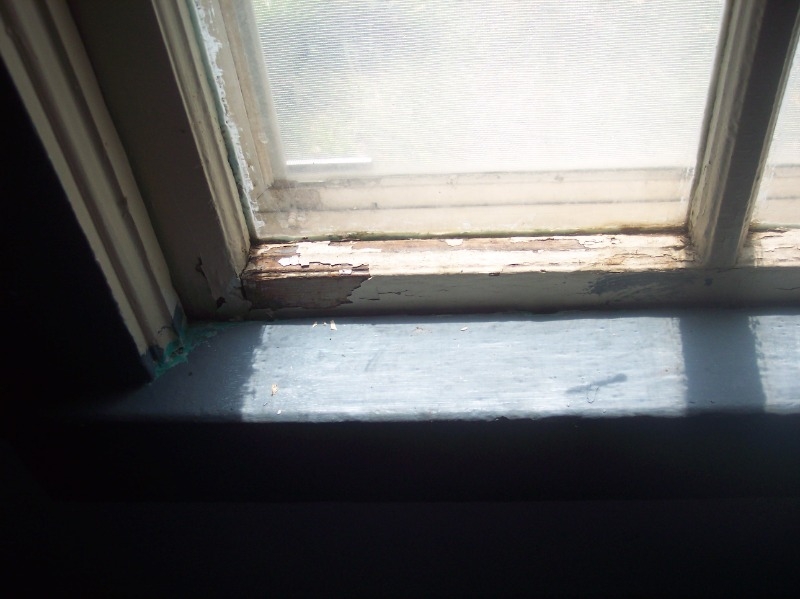 A blue window sill with a white window frame. The paint on the window frame is chipped off.